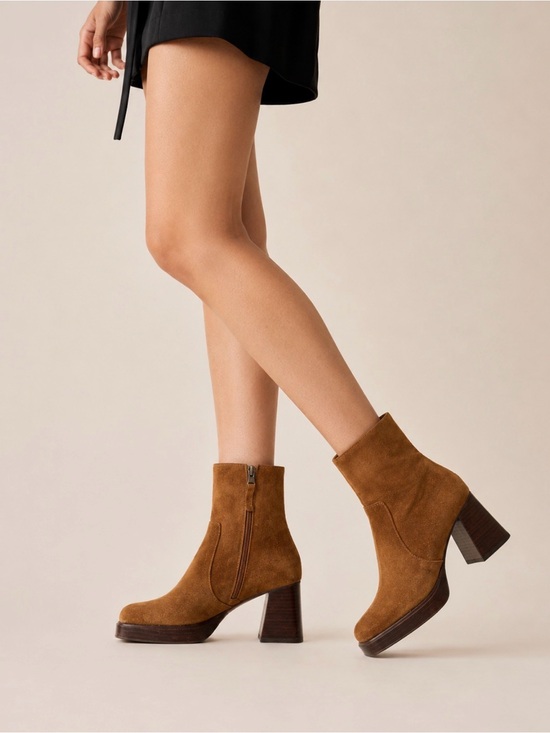 L'INTERVALLE Shoes - L’INTERVALLE Chestnut Brown Suede Platform Block Heel Ankle Boots 38 / US 7.5-8